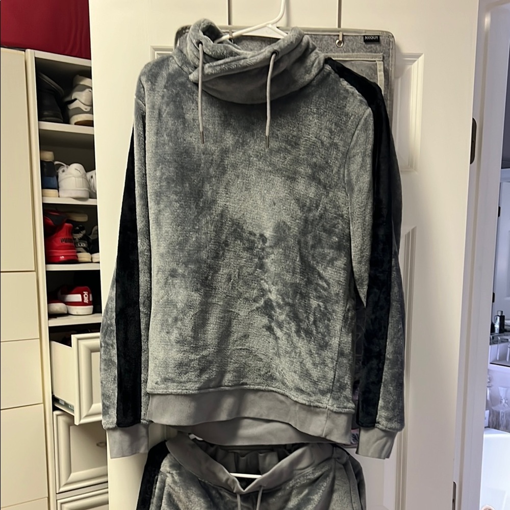 Gray and Black Velour Hoodie and Pants set - INC